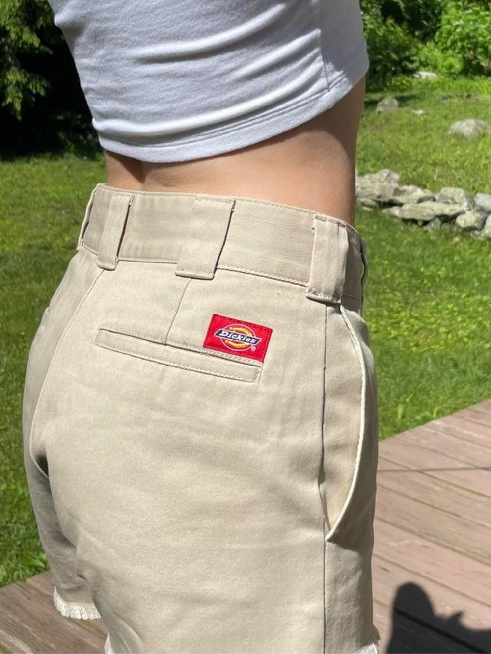 Dickies Women's Light Tan Frayed Hem Utility Shorts